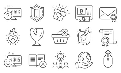 Set of Business icons, such as Bitcoin atm, Heart flame. Diploma, ideas, save planet. Fragile package, Painting brush, Online quiz. Swipe up, Reject book, Smile. Vector