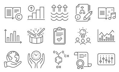 Set of Education icons, such as Copyright, Graph chart. Diploma, ideas, save planet. Checklist, Safe time, Music book. Drums, Chemical formula, Dj controller. Infochart, Evaporation, Algorithm. Vector