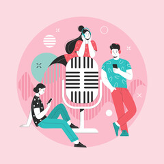 Podcast concept. Vector illustration in trendy flat style of three young people in headphones, placed around the microphone. Isolated on abstract background