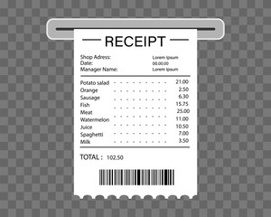 Paper print check. Shop reciept or bill isolated on transparent background. Realistic ATM check. Vector illustration.