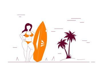 Attractive woman plus size holding a surfboard