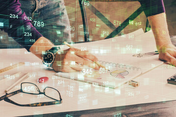 Fototapeta na wymiar Writing man with technology icons. . Double exposure. Network and data concept.