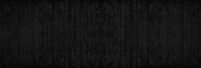 Black wood background. Baner with black texture of old planks. Black and white background. Dark rustic vintage background.