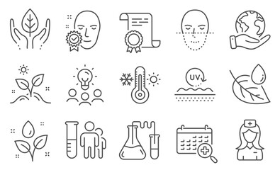 Set of Healthcare icons, such as Face verified, Uv protection. Diploma, ideas, save planet. Medical calendar, Fair trade, Face recognition. Hospital nurse, Medical analyzes, Plants watering. Vector