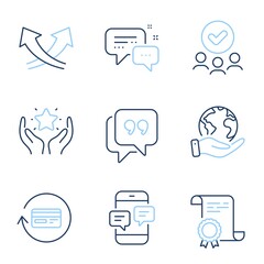 Intersection arrows, Refund commission and Ranking line icons set. Diploma certificate, save planet, group of people. Employees messenger, Phone messages and Quote bubble signs. Vector