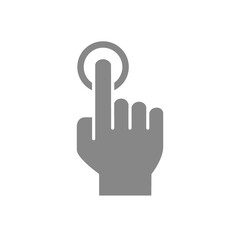One-finger click grey icon. Single tap, touch screen hand gesture symbol