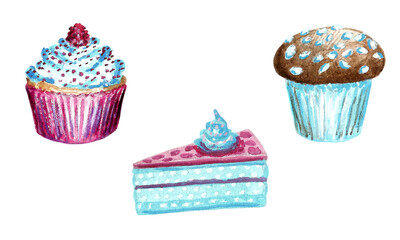 Watercolor sweets isolated on white background. Bright cakes, muffins and cupcakes. Delicious and tasty desserts. Hand drawn illustration for cafe or restaurant menu and decoration