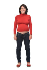 front view of full portrait of a pregnant woman with casual clothes on white background,