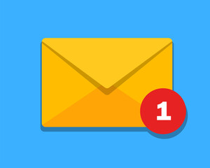 Paper envelope with notification. Email or sms icon. One new unread message. Letter. Vector illustration in flat style