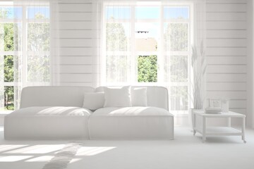 Fototapeta premium White room with sofa. Scandinavian interior design. 3D illustration