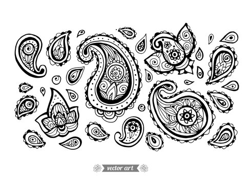 Hand drawn paisley ornament elements. Set collection. Vectot detailing artwork. Love bohemian concept for textile design, wedding invitation card, ticket, branding, logo label, emblem. Black and white