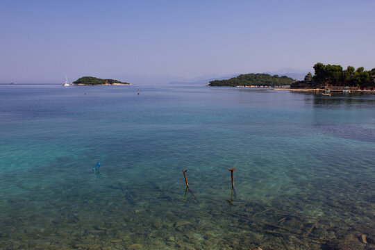 Quiet tranquil morning on Albania Ksamil island near berth ruins
