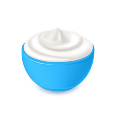 White cream in blue bowl, yoghurt, mayonnaise or sour cream, vector dairy products, element for design and packaging.