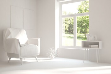 White room with armchair and green landscape in window. Scandinavian interior design. 3D illustration