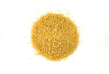 Pile of brown cane sugar isolated on white background. Top view.
