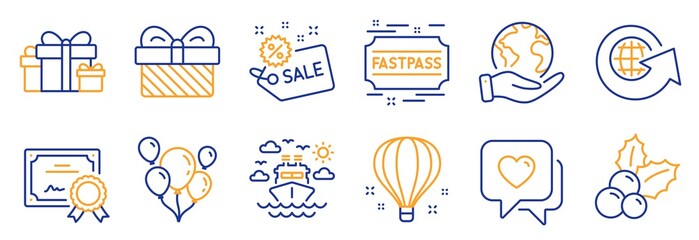 Set of Holidays icons, such as Ship travel, Sale. Certificate, save planet. Air balloon, Christmas holly, Fastpass. Balloons, Heart, Gift. Holiday presents, World globe line icons. Vector