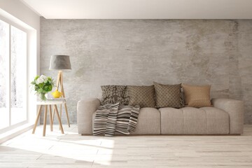 White modern room with sofa and concrete wall. Scandinavian interior design. 3D illustration