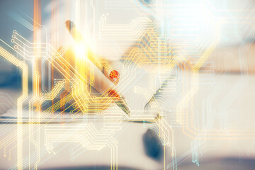 Multi exposure of hands making notes with world map hologram and data theme icons. Concept of global data.