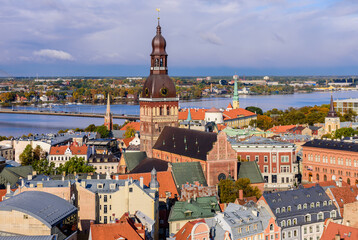 Sightseeing of Latvia. Beautiful aerial view of Riga old town.
