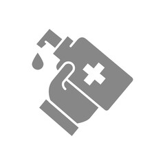 Human hand with disinfectant grey icon. Hand cleaning, disinfection symbol