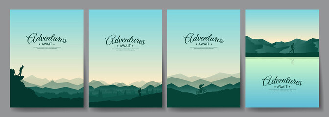 Vector landscape set. Travel concept of discovering, exploring and observing nature. The guy watches nature, riding at mountain bike, climbing to the top, going hike. Design for book cover, poster