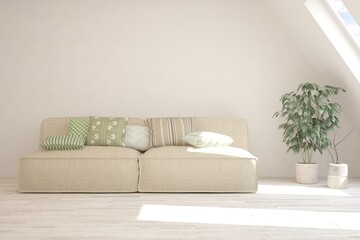 White modern room with sofa. Scandinavian interior design. 3D illustration