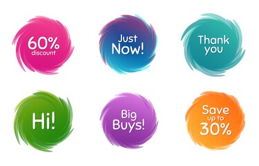 Swirl motion circles. Just now, 60% discount and save 30%. Thank you phrase. Sale shopping text. Twisting bubbles with phrases. Spiral texting boxes. Big buys slogan. Vector