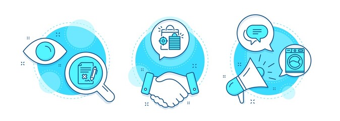 Reject file, Seo shopping and Washing machine line icons set. Handshake deal, research and promotion complex icons. Text message sign. Decline agreement, Analytics, Laundry service. Vector