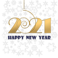 Fototapeta na wymiar Happy new year 2021 gold text template. Design for banner, greeting cards, brochure or print. 3D illustration on white background with snowflakes
