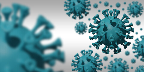 Microscopic coronavirus 3D image. Turquoise blue colored viruses and white gray background