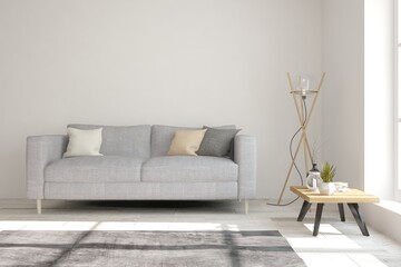 White modern room with sofa. Scandinavian interior design. 3D illustration