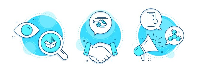 Open box, Medical helicopter and Smartphone recovery line icons set. Handshake deal, research and promotion complex icons. Chemistry molecule sign. Vector