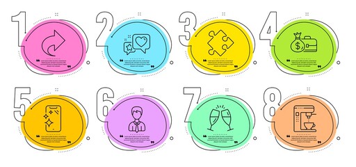 Salary, Strategy and Share signs. Timeline steps infographic. Coffee maker, Smartphone clean and Champagne glasses line icons set. Heart, Businessman symbols. Tea machine, Phone screen. Vector