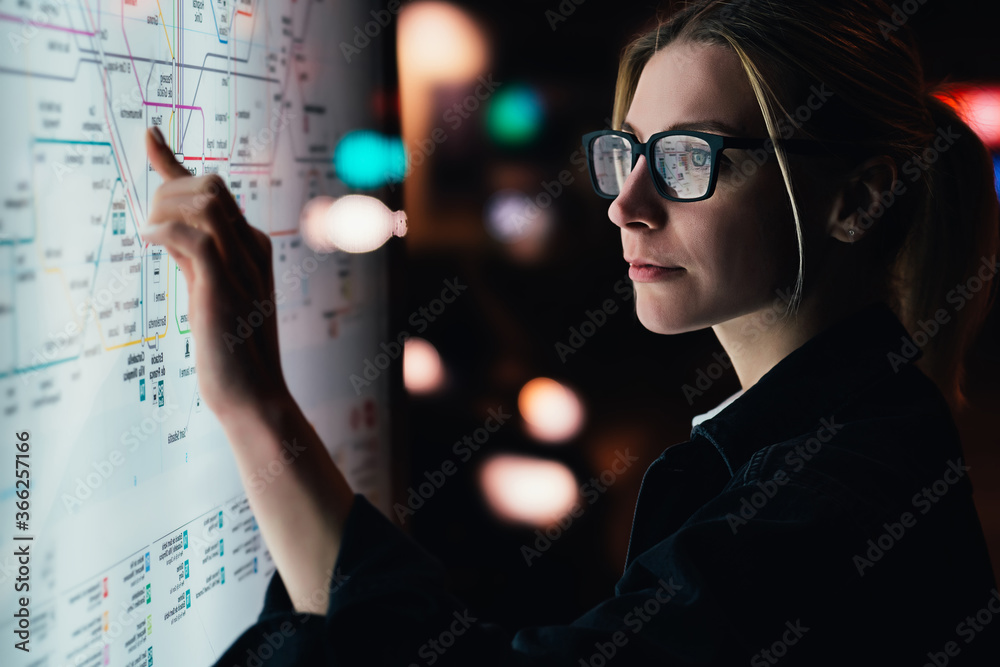 Wall mural digital monitor with public transport subway map. female standing at big display with advanced innov