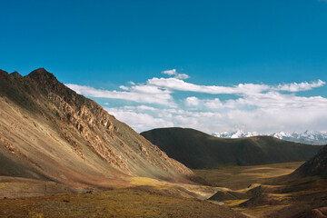 Natural scene with mountains under blue sky of Central Asia, at the height of 4,000 meters