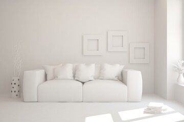 White room with sofa. Scandinavian interior design. 3D illustration