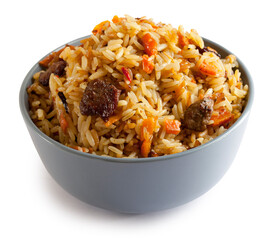 pilaf in plate on white background