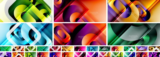 Vector geometric abstract backgrounds with lines and modern forms. Fluid gradients with abstract round shapes and shadow and light effects