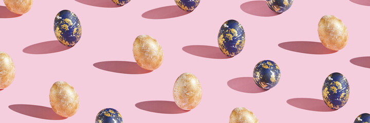 Many different eggs. Happy easter banner. Flatlay pattern. Above view. Creative trend decoration. Bright colored cover. Set of colorful food. Spring background. Pink, blue, gold. Horizontal