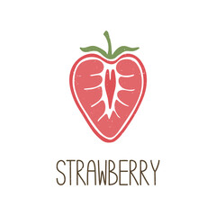 Cute colored caption half strawberry isolated on transparent background. Colorful pictogram original design. Can be used for infographics, identity or decoration. Vector shabby hand drawn illustration