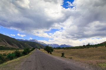 Beautiful summer landscape. Mountain country road among green hills. Lush green hills, high mountains. Spring flowering grass.