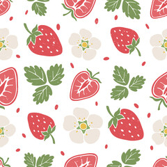 Cute strawberry seamless pattern. Ripe strawberry, strawberry lobules, flowers and leaves on white background. Vector shabby hand drawn illustration
