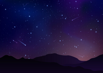 Obraz na płótnie Canvas Night starry sky with bright stars, planets, comets and mountains. Milky way galaxy. Vector horizontal space landscape. Star universe illustration.Dark blue shining space for web design, banner.