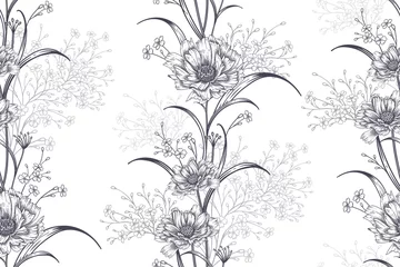 Nahtloses Muster der Weinlese. Süße Gartenblume. Schwarz-weißer Hintergrund. © marinavorona