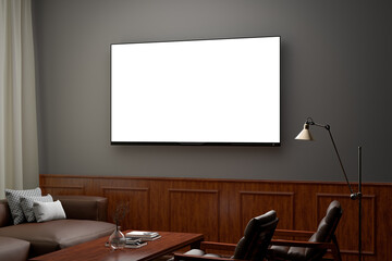 Glowing TV screen at night mockup in classic decoration living room. Side view. Clipping path around screen