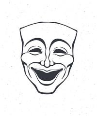 Outline of theatrical comedy mask. Vintage opera mask for happy actor. Face expresses positive emotion. Film and theatre industry. Vector illustration. Hand drawn sketch, isolated on white background