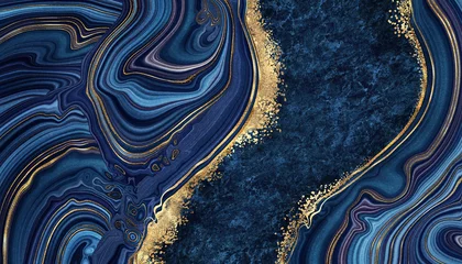 Zelfklevend Fotobehang abstracte achtergrond blauwe marmeren Agaat graniet mozaïek met gouden aderen, Japanse kintsugi techniek, nep geschilderd kunstmatige steen textuur, gemarmerd oppervlak, digitale marmering illustratie © wacomka