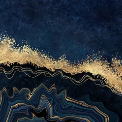 abstrakter dunkelblauer hintergrund mit goldener folie. Kunststeinstruktur, gefälschter Achat, trendige Marmortapete, digitale Marmorillustration © wacomka