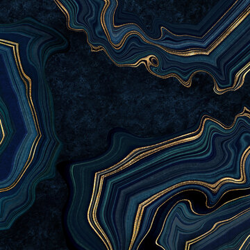abstract luxurious dark blue background, fake agate with golden veins, painted artificial stone texture, marbled surface, digital marbling illustration