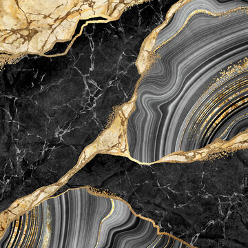 abstract background, black marble and agate mosaic with golden veins, japanese kintsugi technique, fake painted artificial stone texture, marbled wallpaper, digital marbling illustration © wacomka